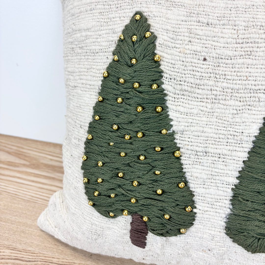 Embroidered Tree Hand-Woven Wool Lumbar Pillow