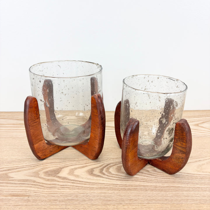 Wood and Bubble Glass Candleholders