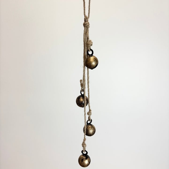 Hanging Metal Jingle Bells with Jute Rope - Antique Brass