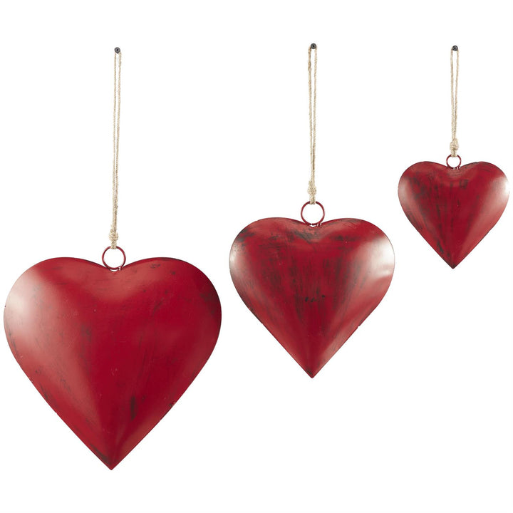 Red Metal Hearts with Jute Hanging Rope, Three Sizes