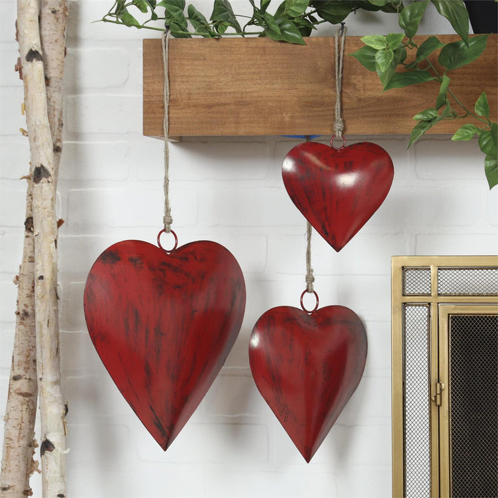Red Metal Hearts with Jute Hanging Rope, Three Sizes