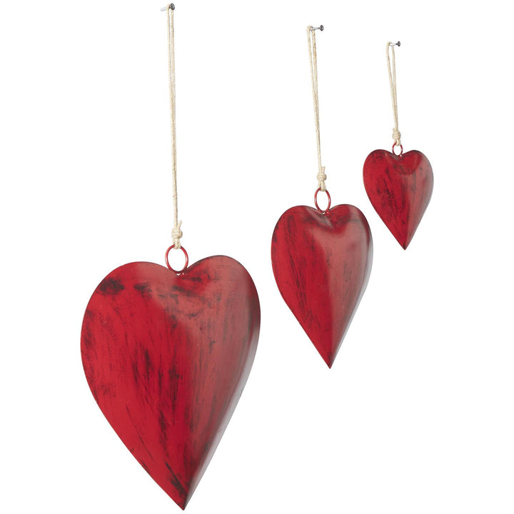 Red Metal Hearts with Jute Hanging Rope, Three Sizes
