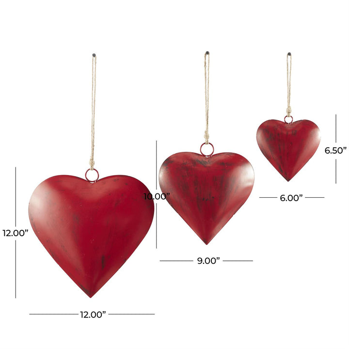 Red Metal Hearts with Jute Hanging Rope, Three Sizes