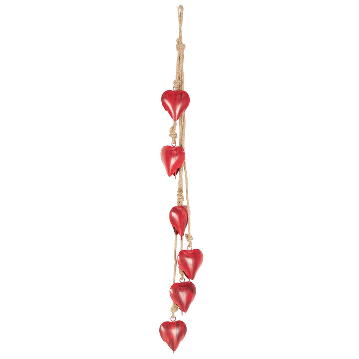 Red Metal Hearts, 6 Hanging on Jute Rope