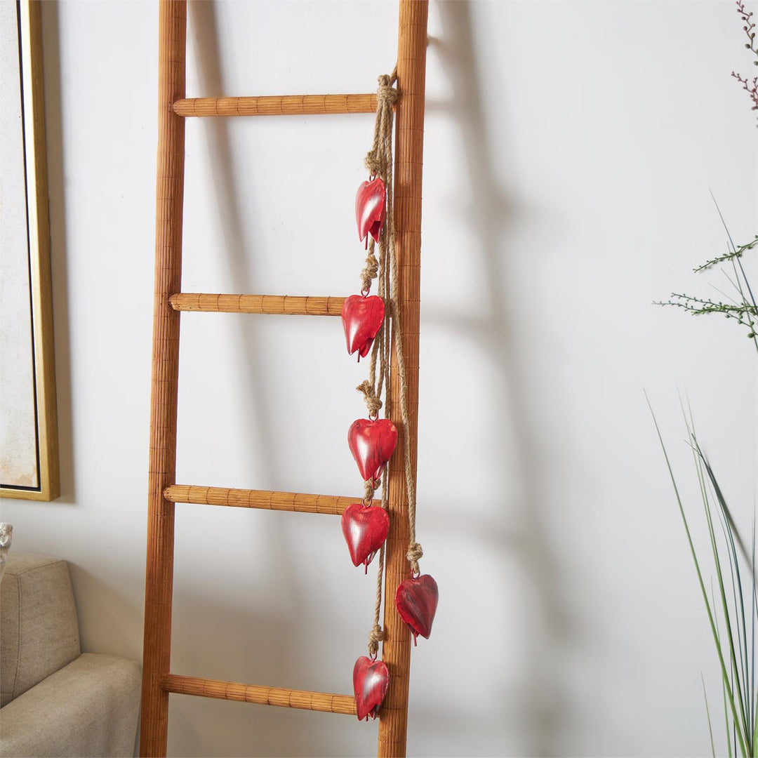 Red Metal Hearts, 6 Hanging on Jute Rope