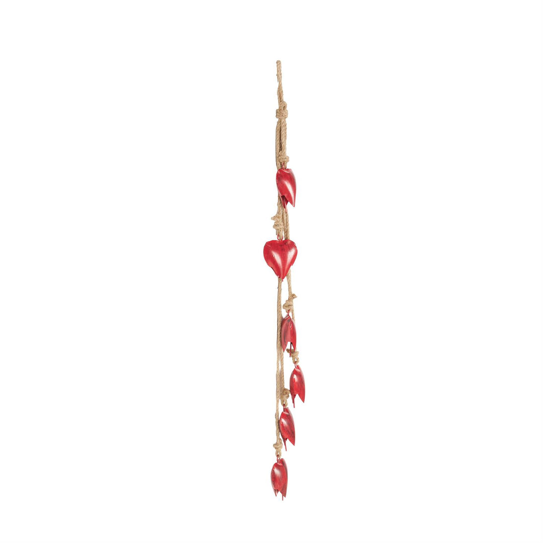 Red Metal Hearts, 6 Hanging on Jute Rope