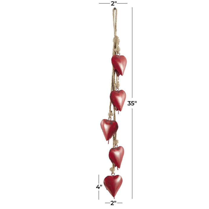 Red Metal Hearts, 6 Hanging on Jute Rope