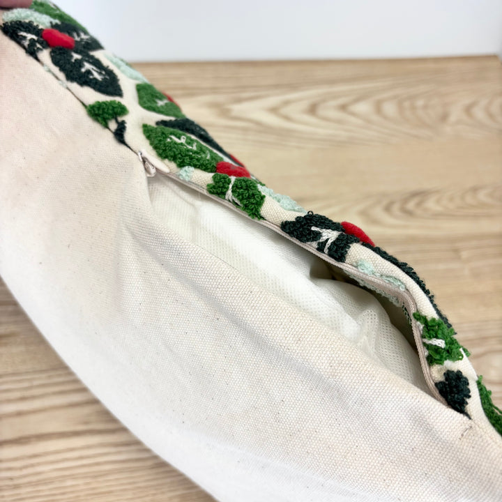 Holly Leaves Tufted Embroidered Lumbar Pillow