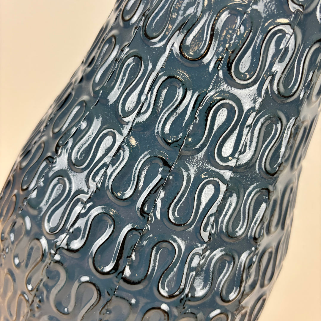 Blue Embossed Metal Vase with Loop Pattern