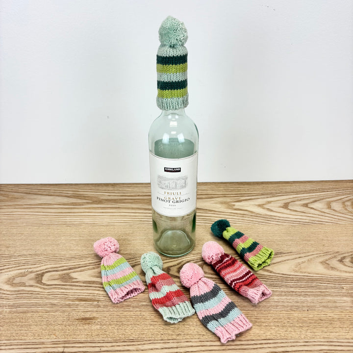 Cotton Knit Hat Bottle Topper with Stripes & Pom Pom - 6 Styles