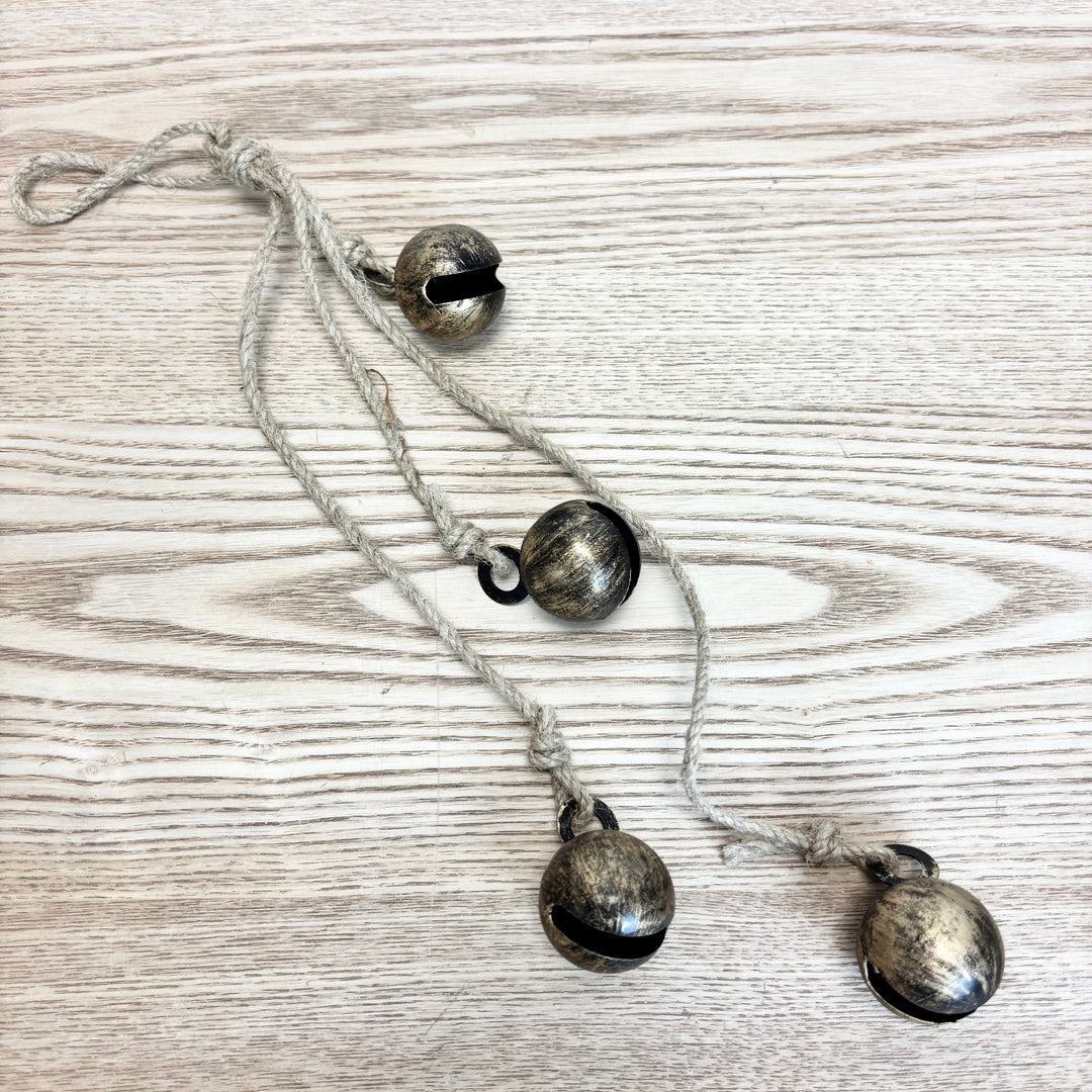 Hanging Metal Jingle Bells with Jute Rope - Antique Brass