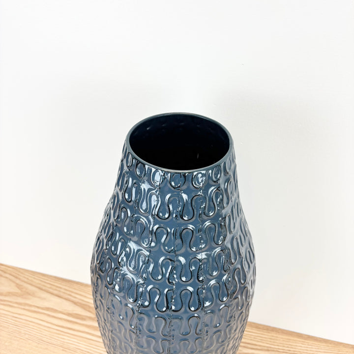 Blue Embossed Metal Vase with Loop Pattern