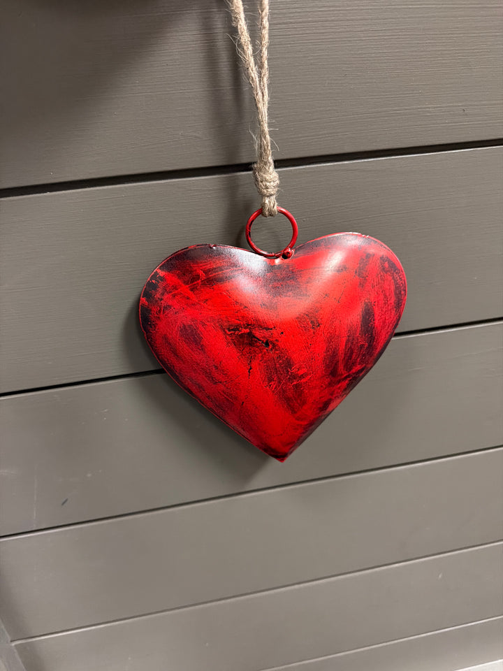 Red Metal Hearts with Jute Hanging Rope, Three Sizes