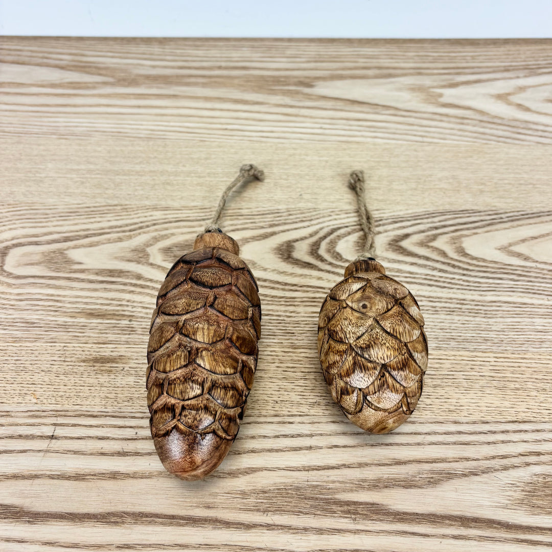 Carved Wooden Pincone Ornaments - Set of 2