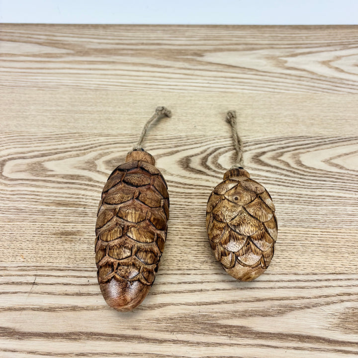Carved Wooden Pincone Ornaments - Set of 2