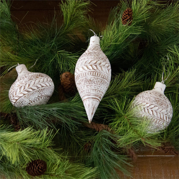 White Distressed Carved Ornaments - Set of 3