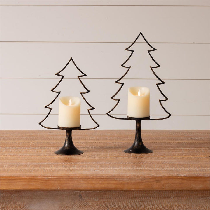 Metal Christmas Tree Silhouette Candle Holders, Set of 2