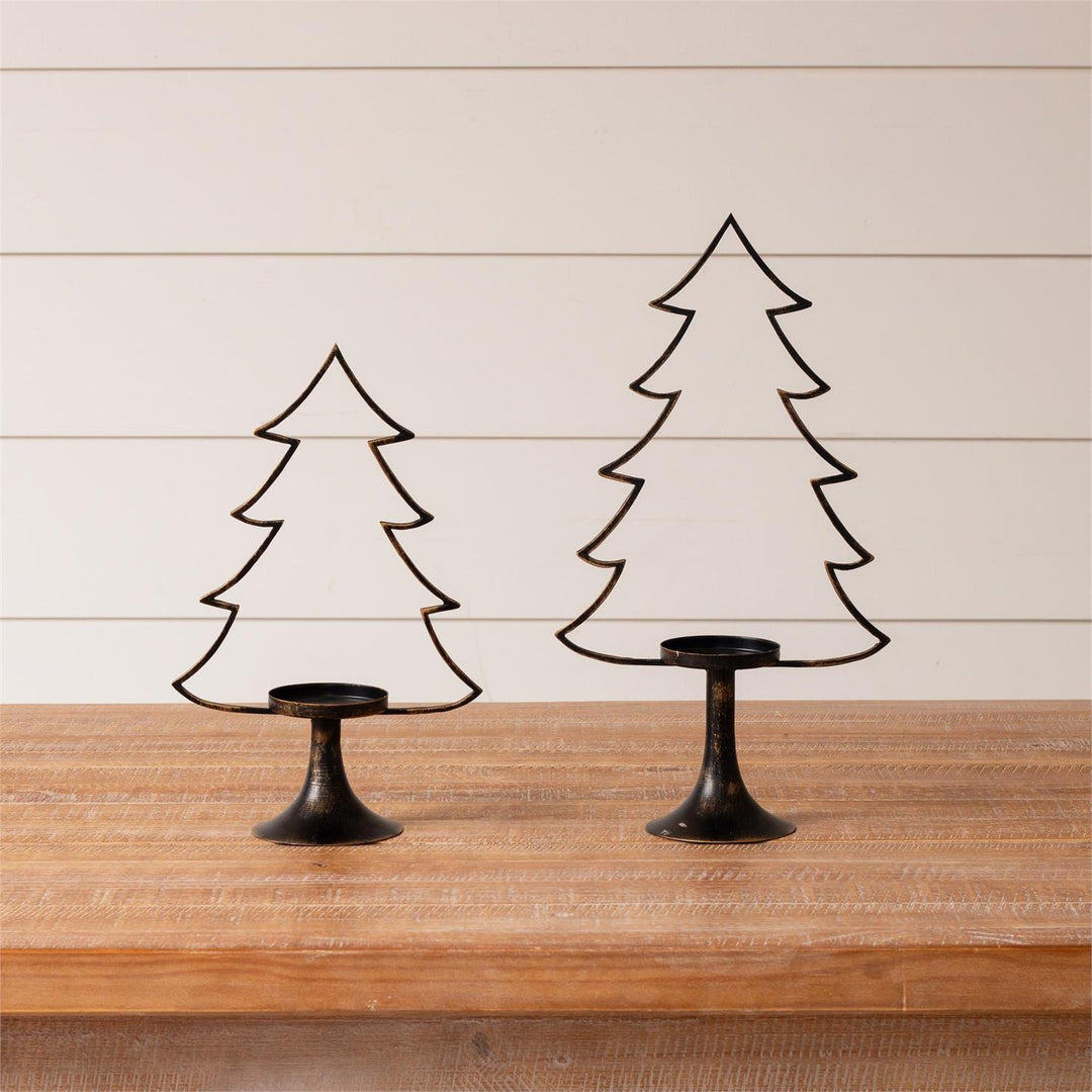 Metal Christmas Tree Silhouette Candle Holders, Set of 2