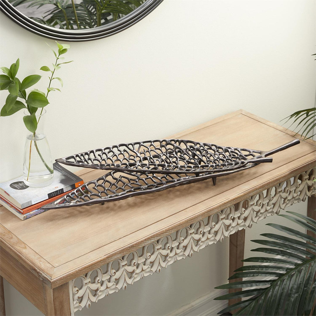 Black Aluminum Metal Leaf Decor Tray - Two Sizes Available