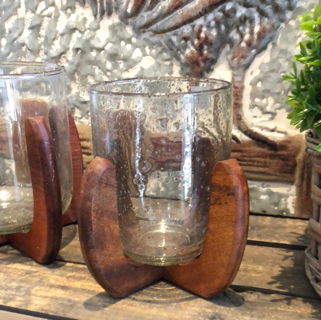 Wood and Bubble Glass Candleholder - Small