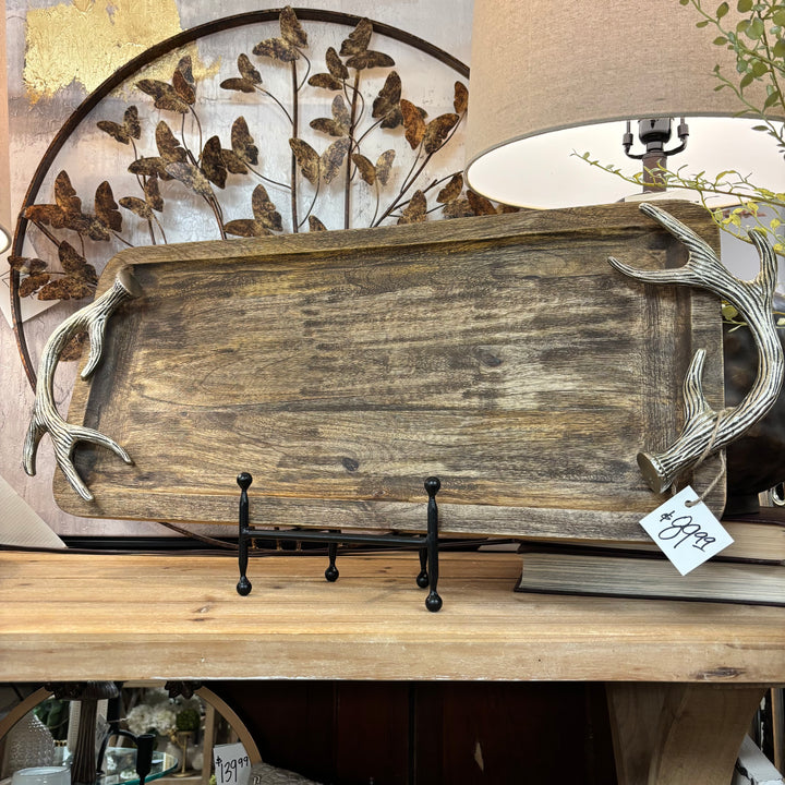Mango Wood Tray with Antiqued Silver Antler Handles - 2 Sizes