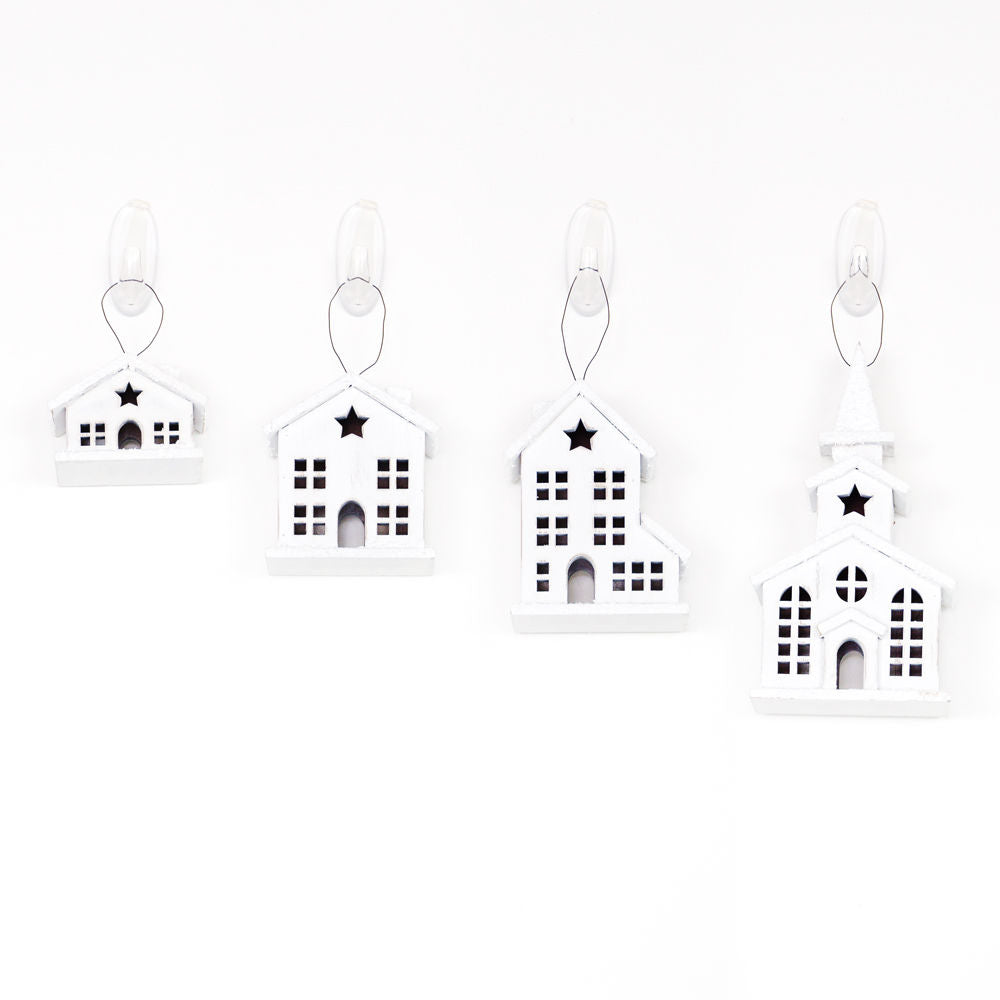 White Village Ornaments, Set of 4