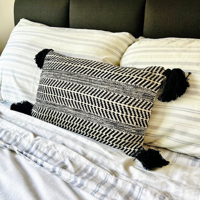 Black and Cream Lumbar Pillow with Tassels