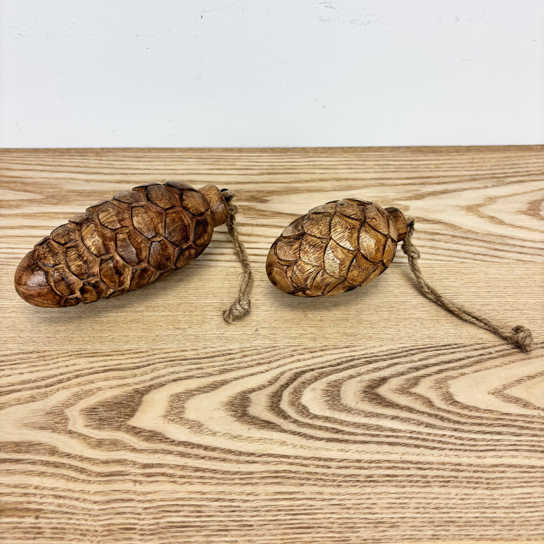 Carved Wooden Pincone Ornaments - Set of 2