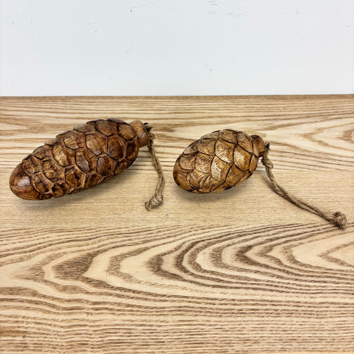 Carved Wooden Pincone Ornaments - Set of 2