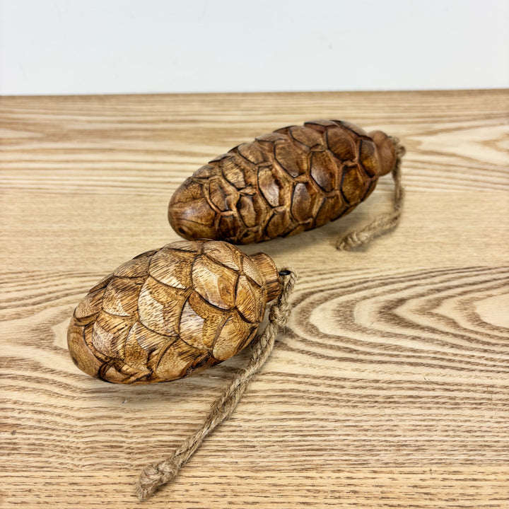Carved Wooden Pincone Ornaments - Set of 2