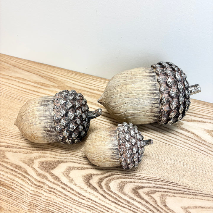 Resin Acorns with Silvered Caps, Set of 3