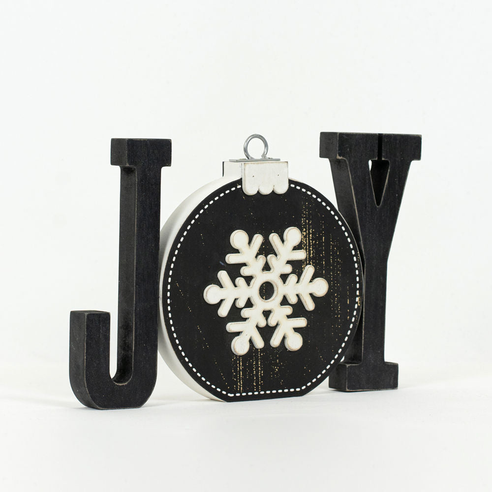 Joy Wooden Shape with Reversible Ornament – 3 Piece Set