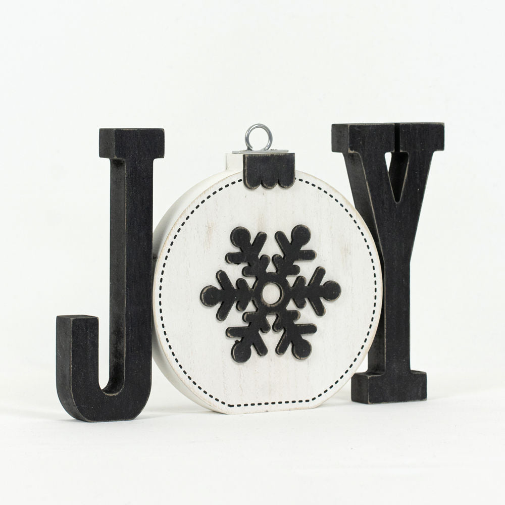Joy Wooden Shape with Reversible Ornament – 3 Piece Set