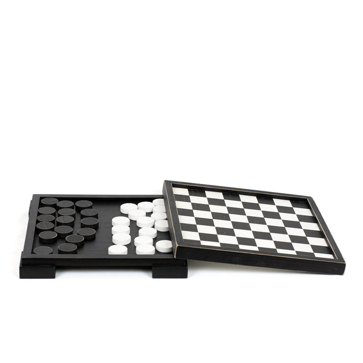Wood Checkers Game Box - Black & White