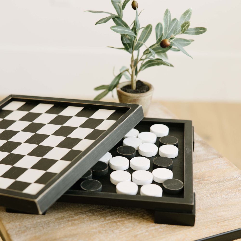 Wood Checkers Game Box - Black & White