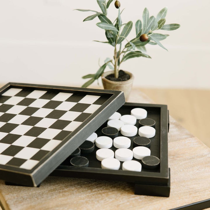 Wood Checkers Game Box - Black & White