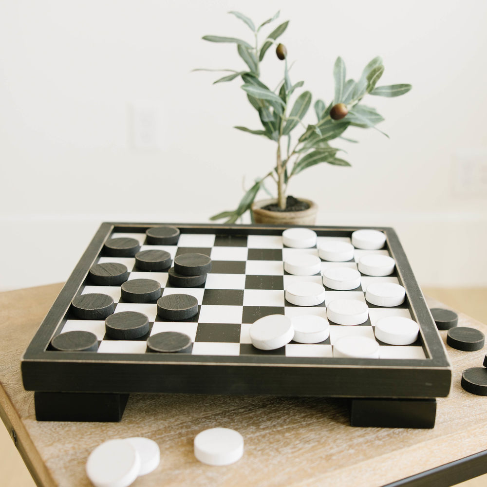 Wood Checkers Game Box – Black & White