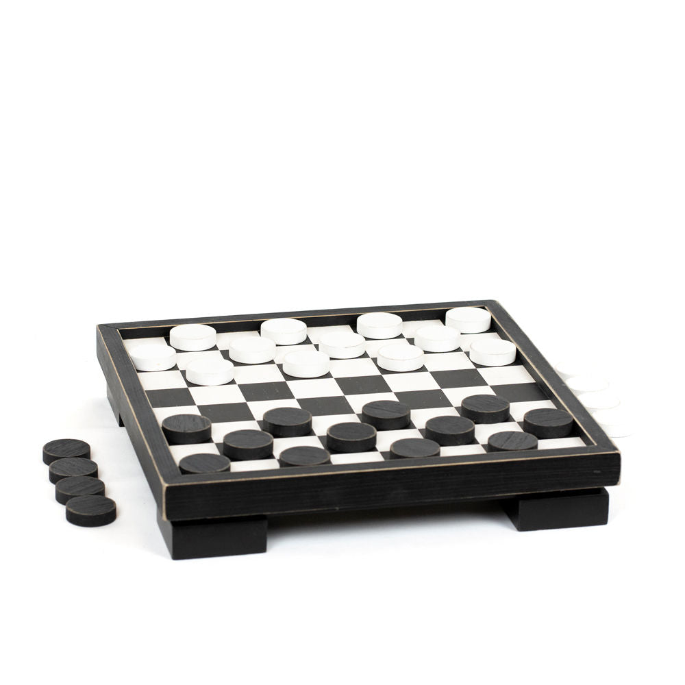 Wood Checkers Game Box - Black & White