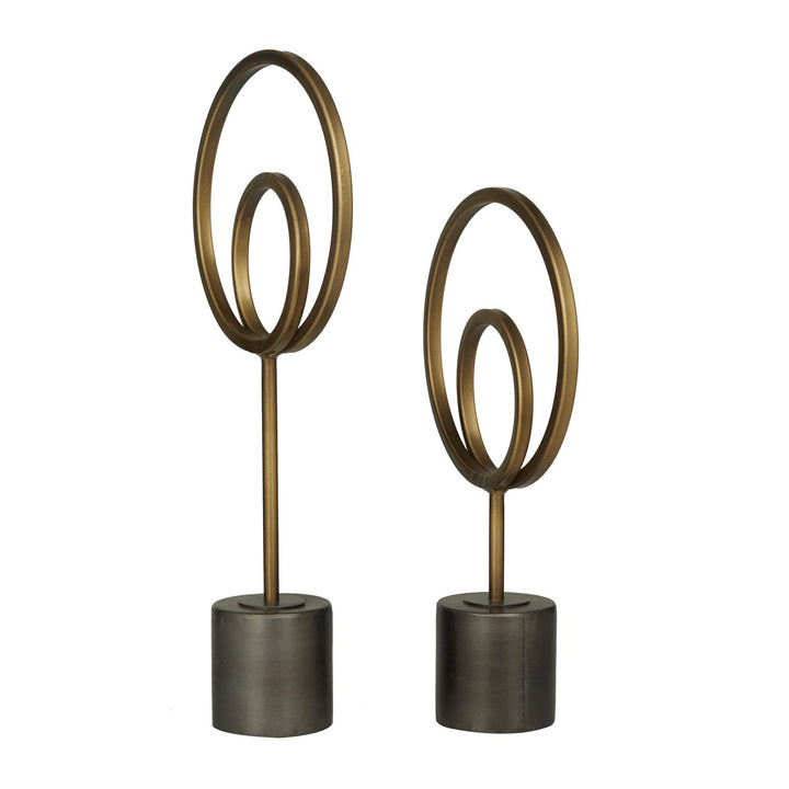 Gold Metal Geometric Circle Decorative Sculpture with Black Base, Set of 2