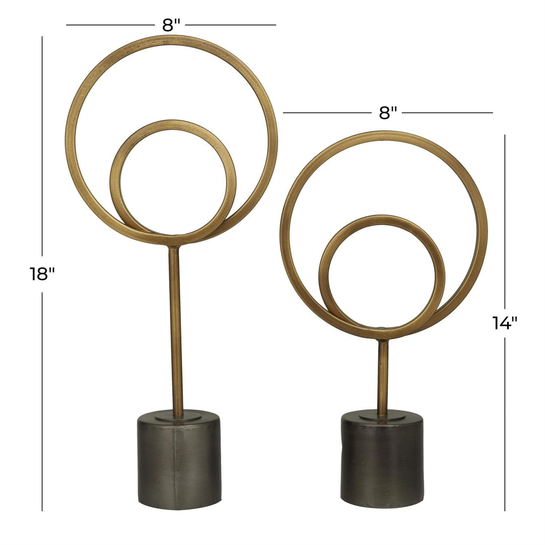 Gold Metal Geometric Circle Decorative Sculpture with Black Base, Set of 2