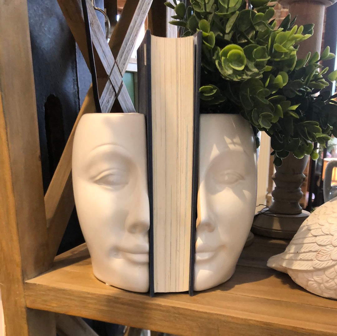 Ceramic Face Pot Bookends - White