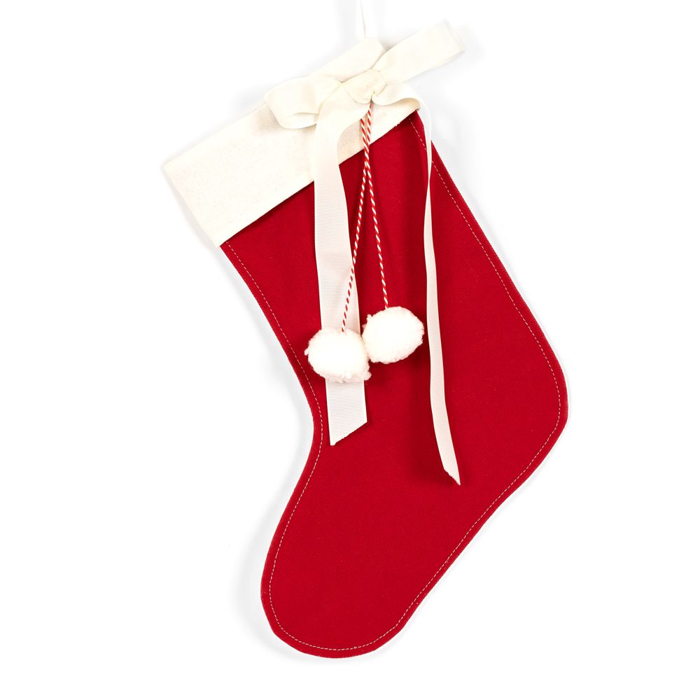 Red Canvas Stocking with Pom Poms