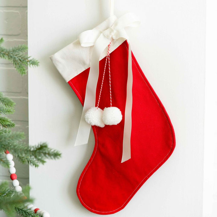 Red Canvas Stocking with Pom Poms