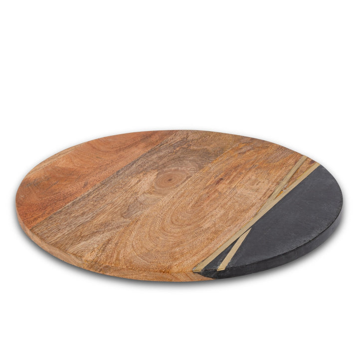 Mango Wood Lazy Susan with Black Stone & Brass