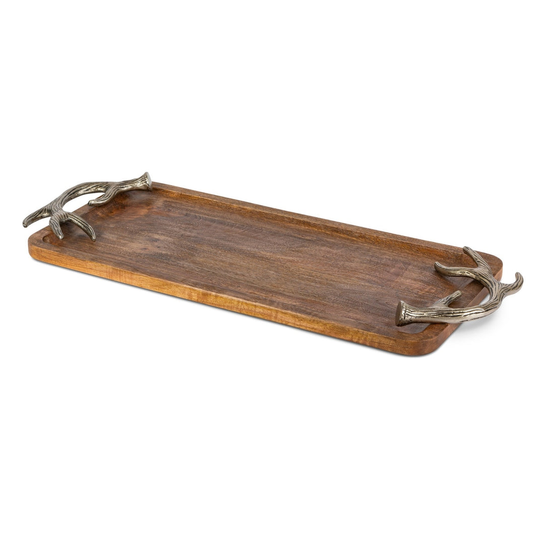 Mango Wood Tray with Antiqued Silver Antler Handles