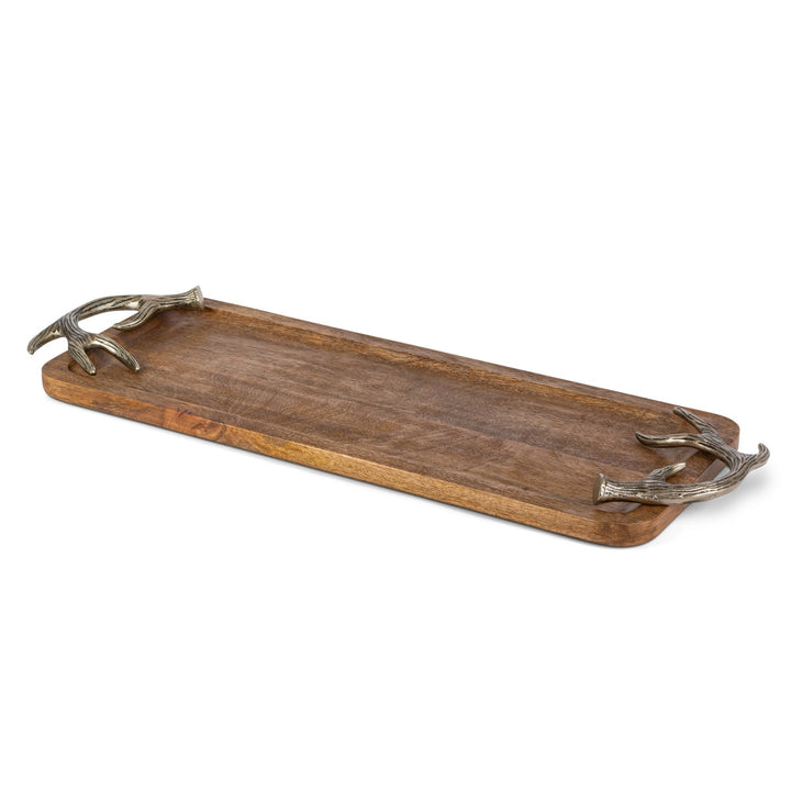 Mango Wood Tray with Antiqued Silver Antler Handles - 2 Sizes