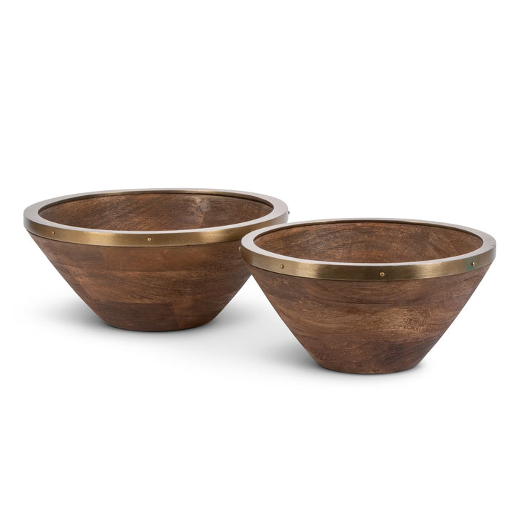 Stained Mango Wood Bowls with Antiqued Metal Rim - 2 Sizes