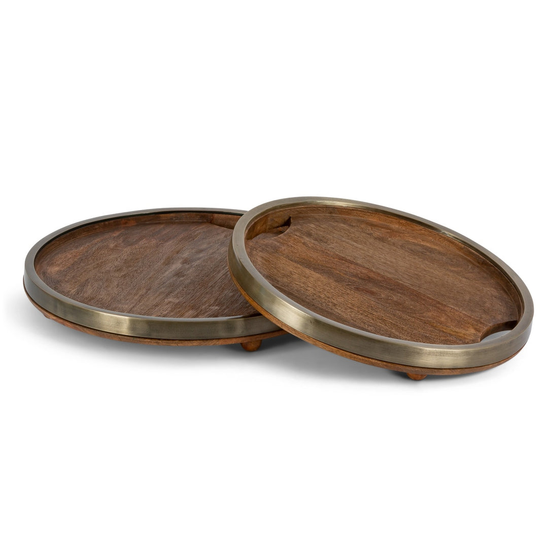 Stained Mango Wood Trays with Antiqued Metal Rim