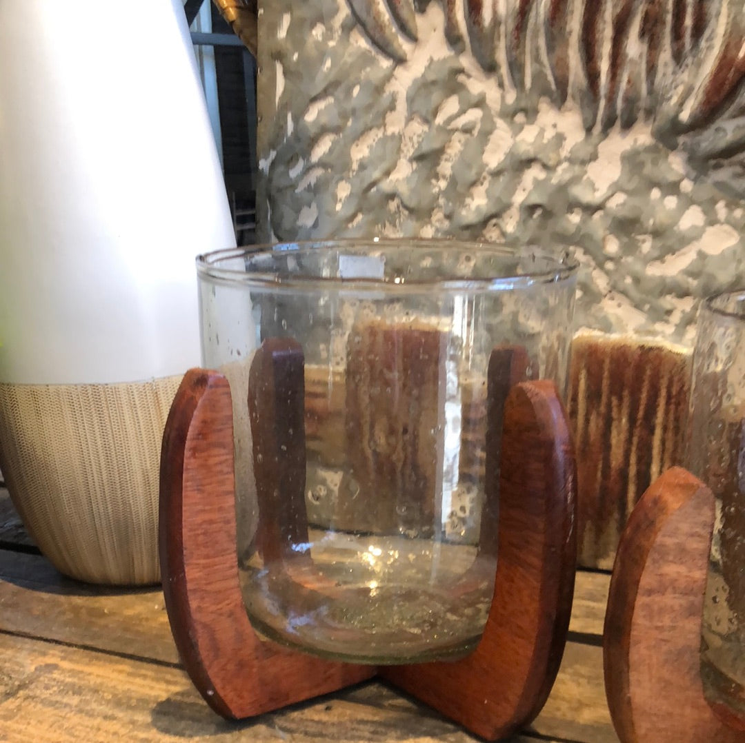 Wood and Bubble Glass Candleholder - Large