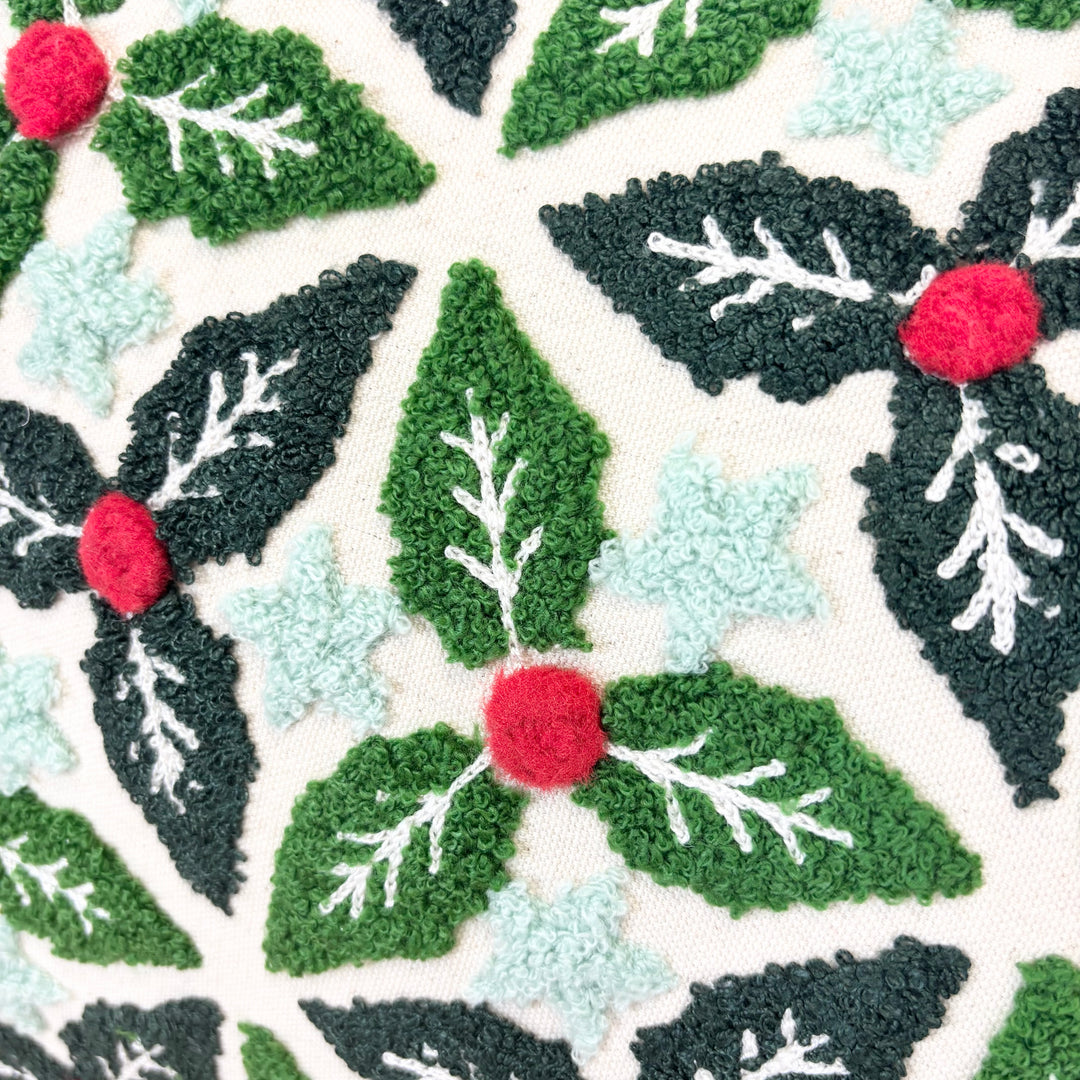 Holly Leaves Tufted Embroidered Lumbar Pillow